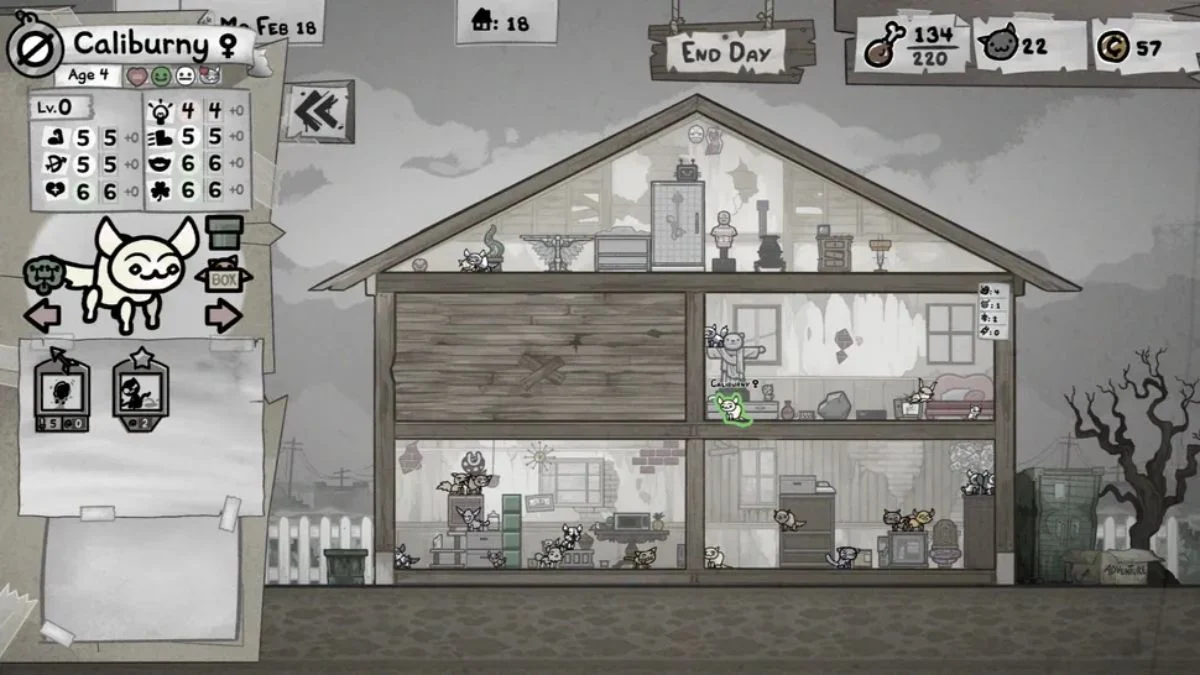 The house management screen in Mewgenics showing cat stats for Caliburny and multiple rooms in the shack.