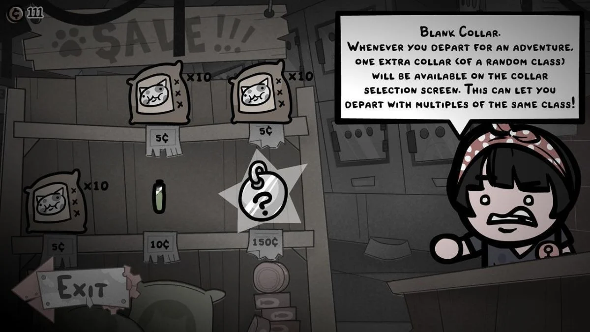 A Mewgenics in-game shop screen featuring the Blank Collar item with a description box explaining its random class selection mechanic.