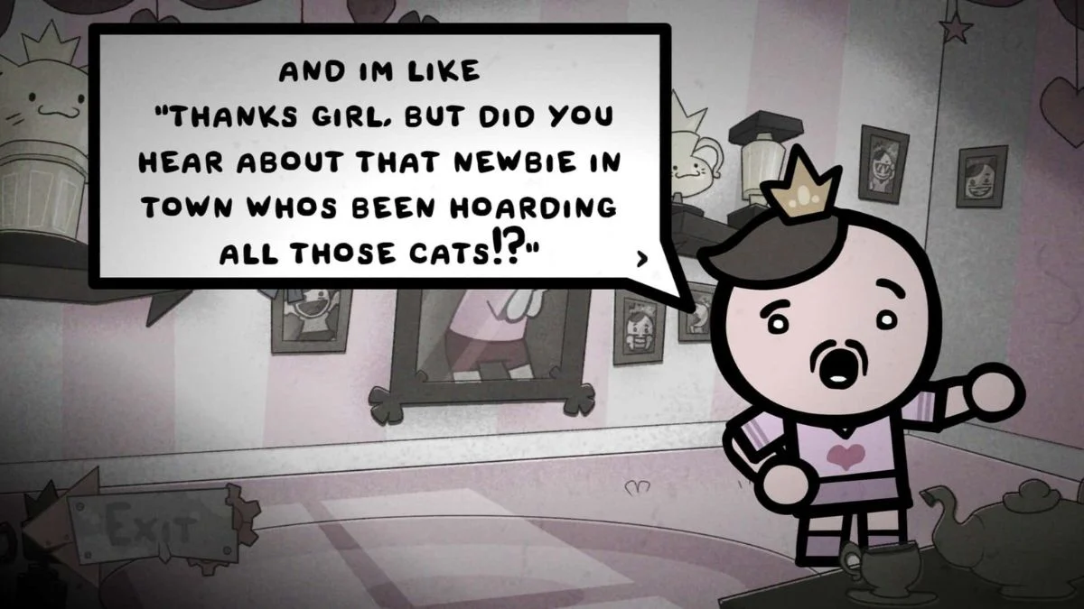 A screenshot of Mewgenics featuring a character with a crown and mustache in a pink room with a speech bubble about hoarding cats.