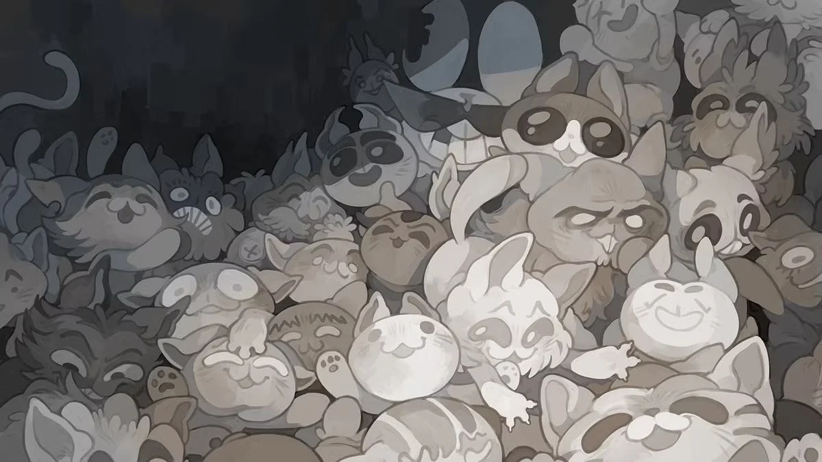 A dense pile of various stylized, cartoonish cats in a grey and white color palette, representing the quirky art style of Mewgenics.