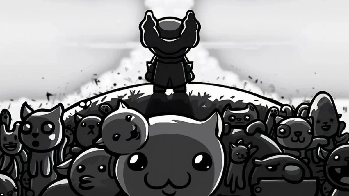 A dark, stylized illustration of a character standing over a massive pile of mutated cats in Mewgenics.