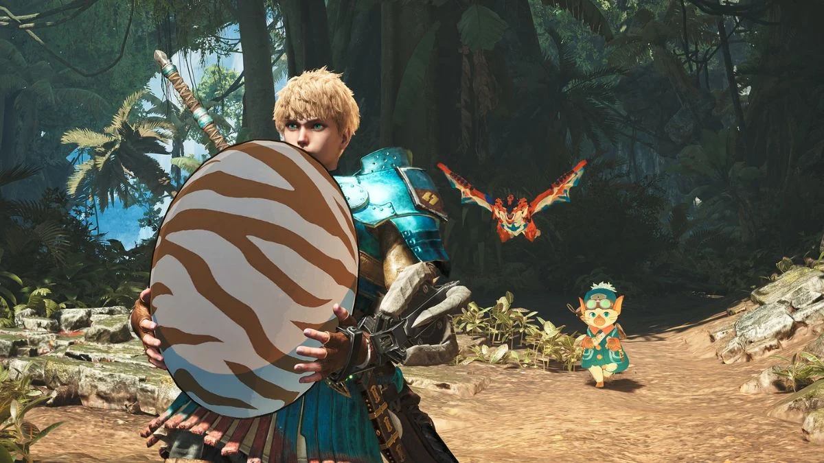A hunter in Monster Hunter Wilds carrying a large Rathalos egg with a Palico in a Rudy costume and a Monstie flying nearby.