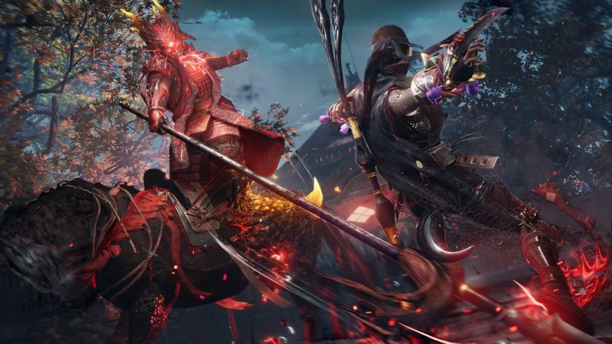 A Nioh 3 character performing a mid-air Ninja Footstool Jump to dodge an enemy's red-glowing Burst Attack.