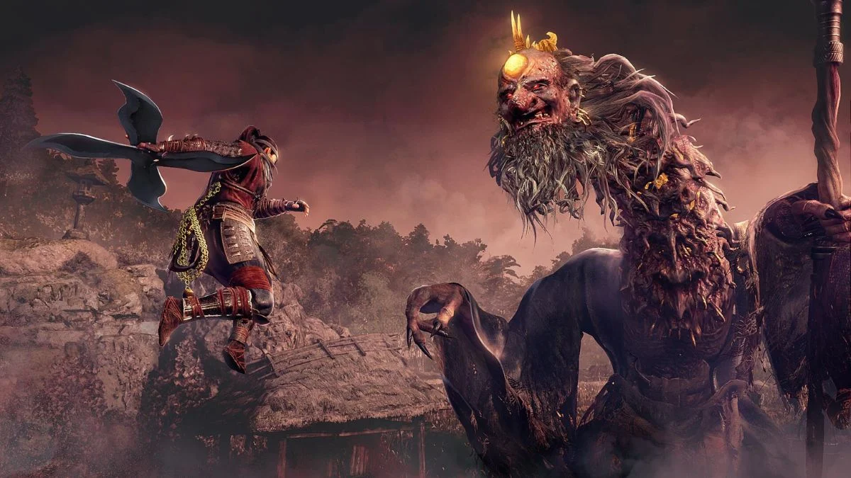 A samurai character in Nioh 3 performing an aerial attack against a giant, multi-faced demonic Yokai boss in a dark forest setting.