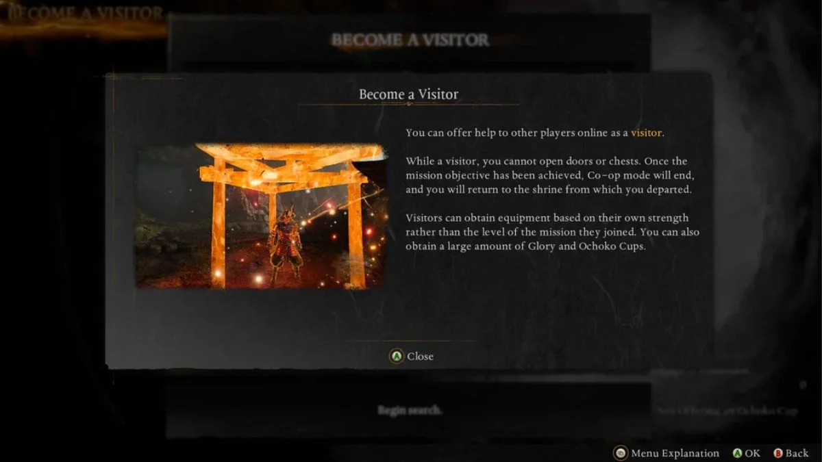 Nioh 3 tutorial screen explaining the "Become a Visitor" mode for helping other players online.
