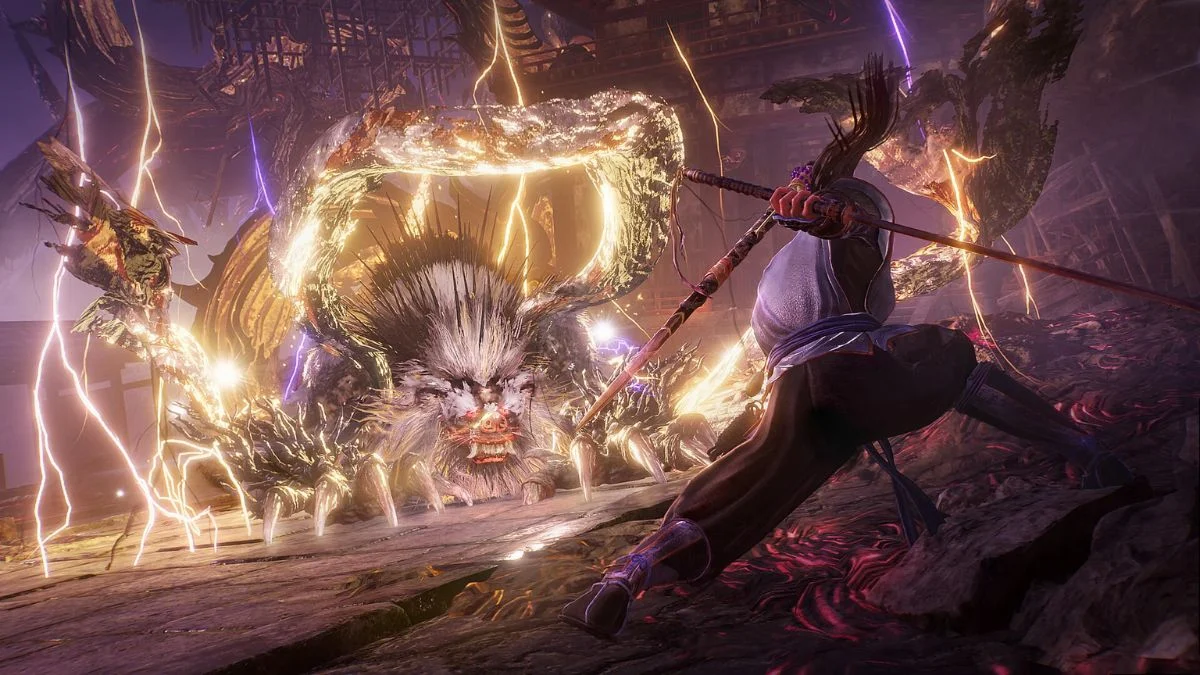 A player character using a spear to battle a large lightning-infused Yokai boss in Nioh 3 Shogun’s Journey.