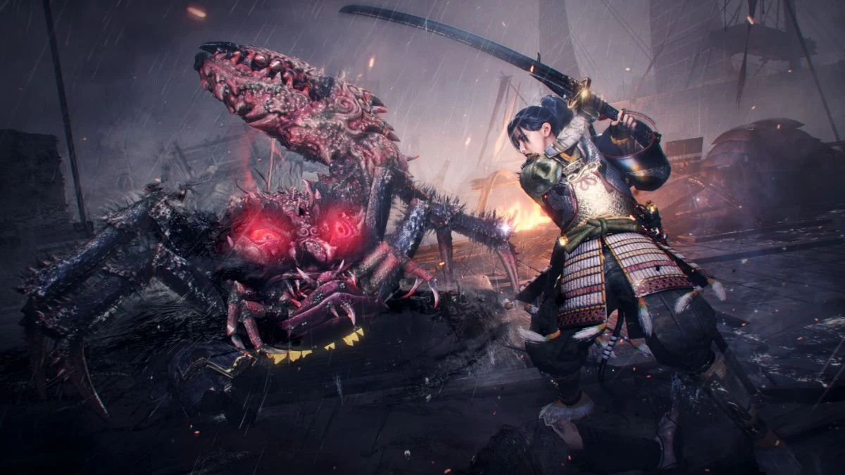 A Samurai Style character fighting a giant Yokai crab in Nioh 3.