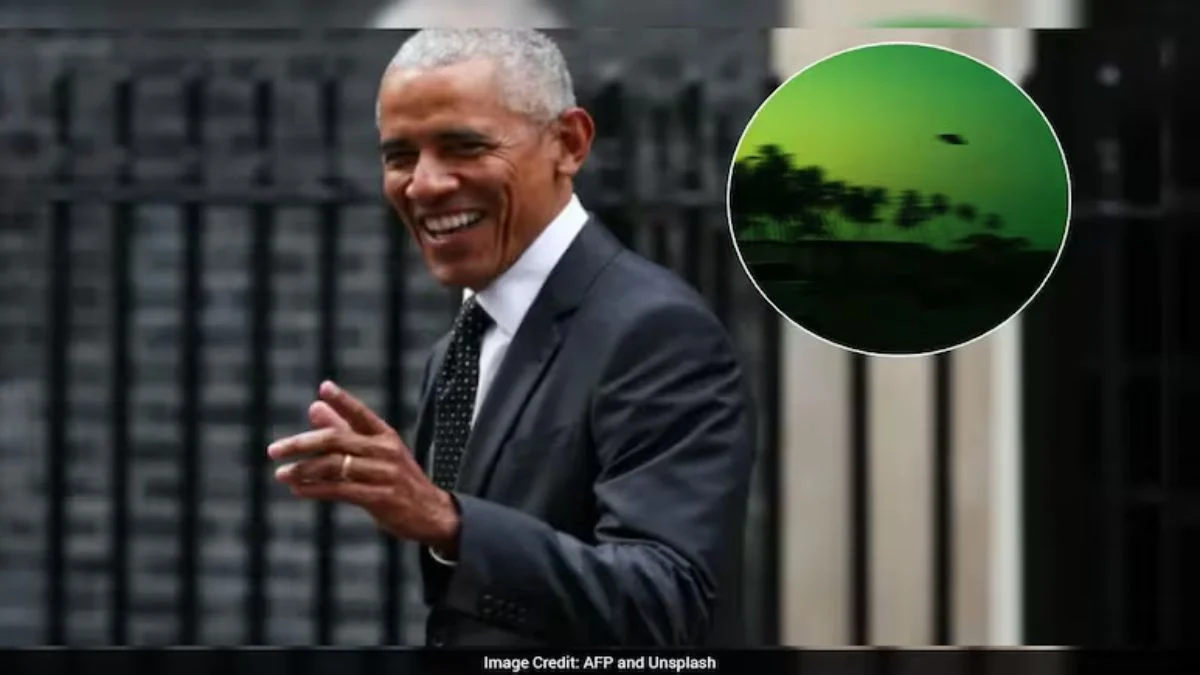 A composite image featuring a smiling Barack Obama in a suit and a circular inset showing a blurry green-tinted UFO sighting over trees.