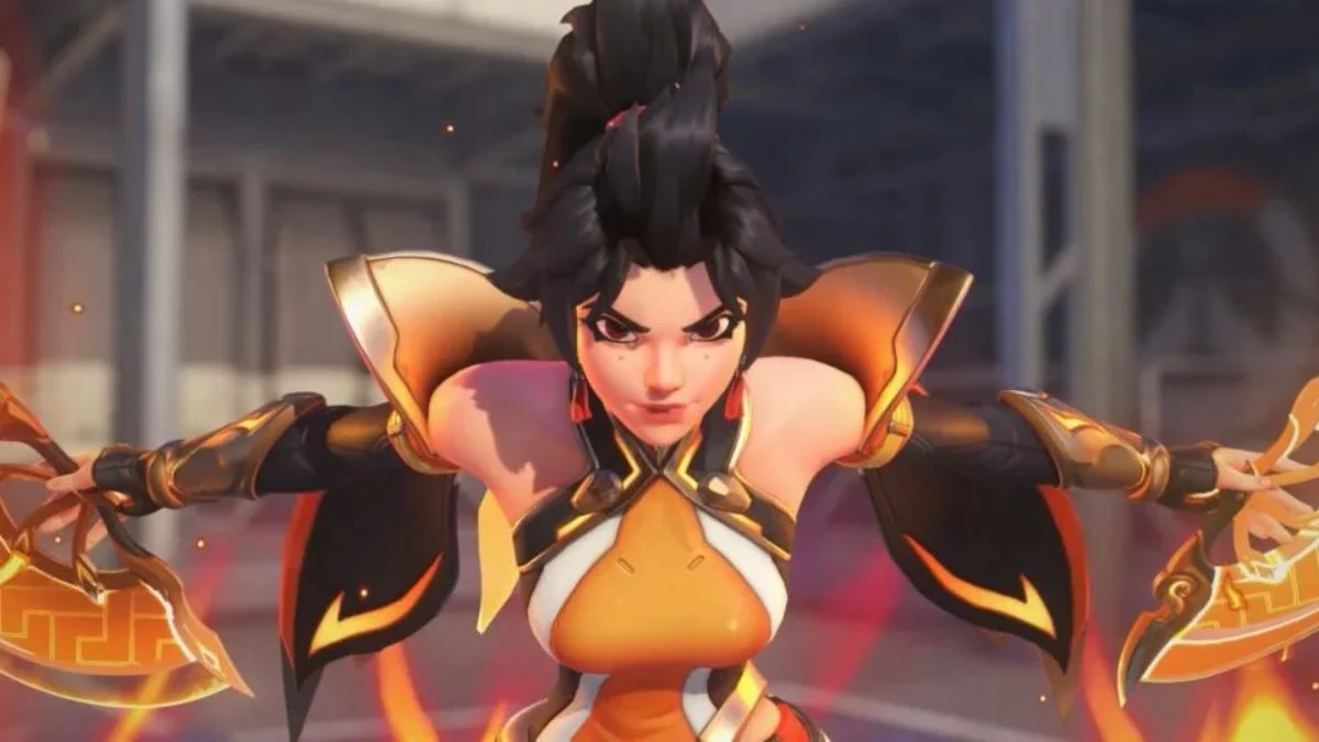 Overwatch hero Anran in her fire-wielding pose showing her controversial in-game facial model.
