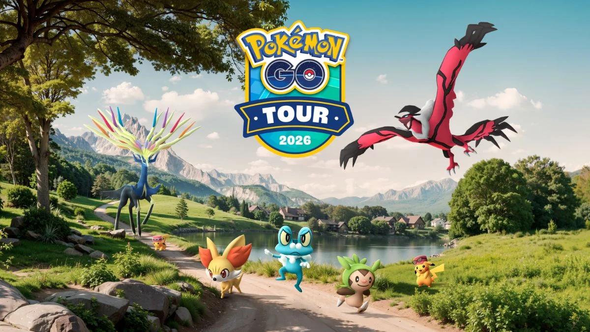 Key artwork for Pokémon GO Tour: Kalos featuring Xerneas, Yveltal, Chespin, Fennekin, and Froakie in a scenic landscape.