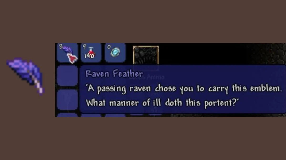 The Raven Feather item sprite and its in-game tooltip description in Terraria.