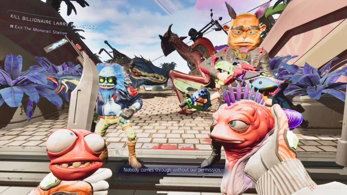 Player character confronted by alien NPCs at the monorail station during the Kill Billionaire Larry Pinkstock mission.