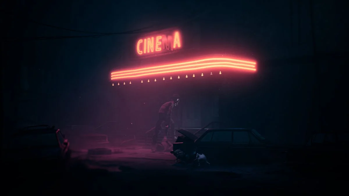 A dark street scene in Reanimal featuring a glowing red neon "CINEMA" sign above a building with abandoned cars in the foreground.