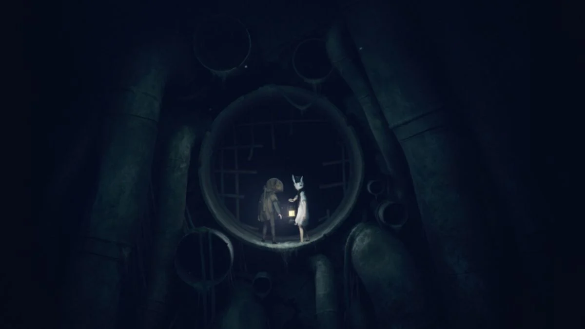Two young siblings standing in a dark, industrial pipe with a lantern in Reanimal solo mode.