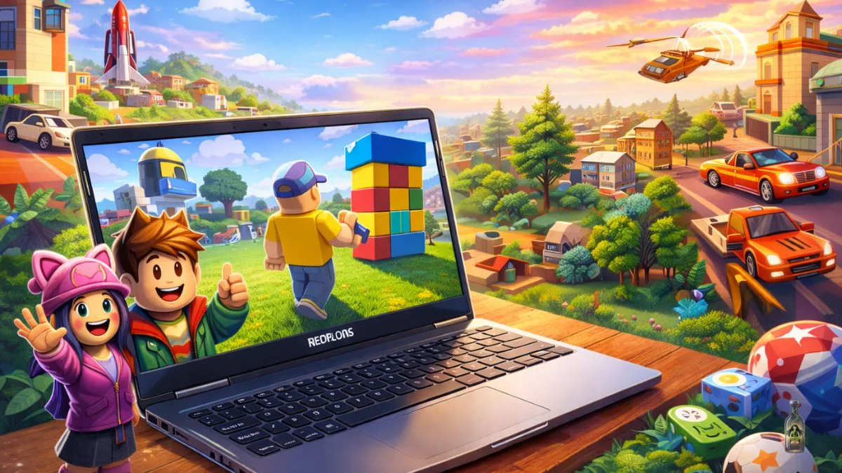 A Chromebook on a wooden table displaying a bright Roblox world with avatars and colorful building blocks in a sunny landscape.
