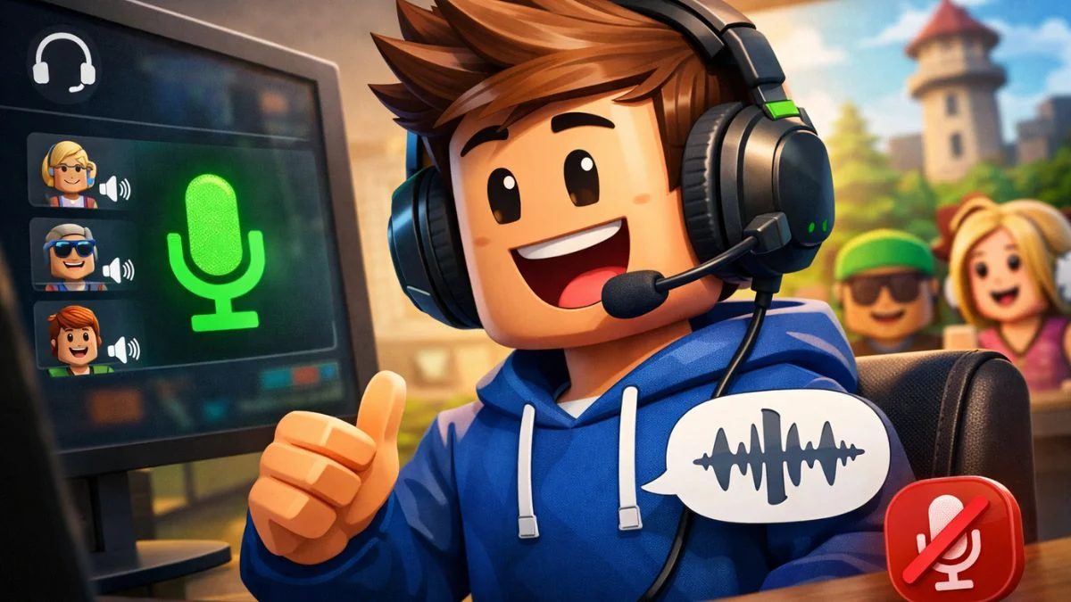 A happy Roblox character wearing a headset with a microphone icon and audio waveform on screen, illustrating the Roblox Voice Chat feature.