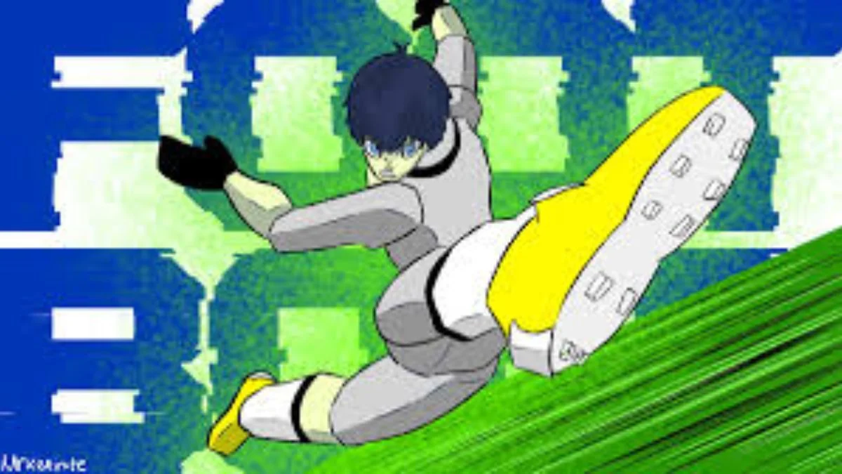 A Blue Lock-inspired anime character performing a dynamic kick in the Roblox game Footbolt.