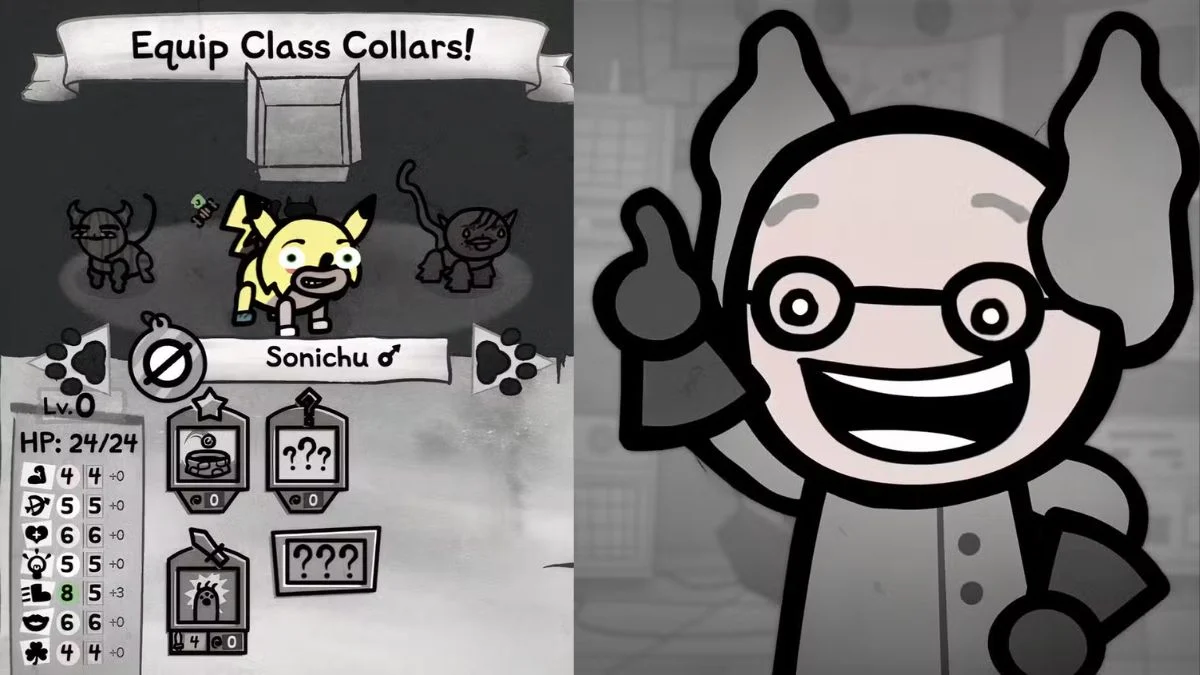 A yellow mutated stray cat in Mewgenics named Sonichu standing in front of the player's house, featuring a derpy expression and electric-themed visual effects.