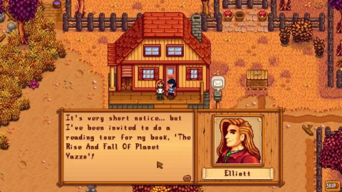 Stardew Valley gameplay screenshot showing the character Elliott outside his cabin talking about his book tour for 'The Rise and Fall of Planet Yazzo'.