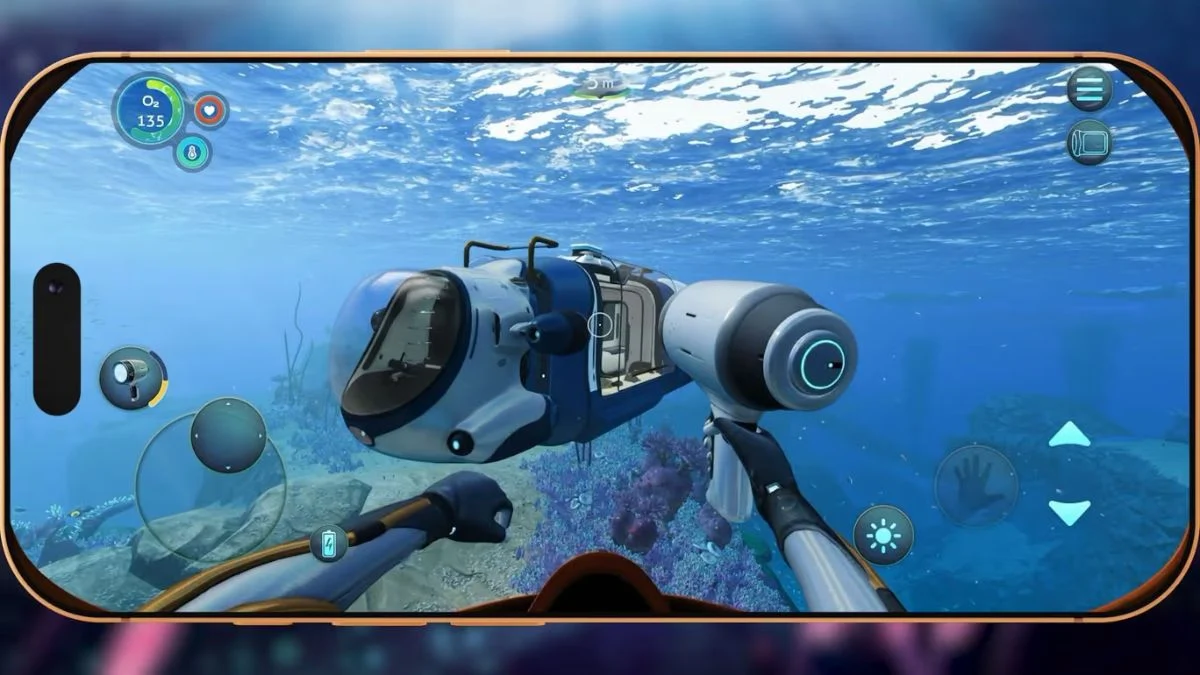 Subnautica Below Zero mobile gameplay on a smartphone showing underwater exploration with touch controls and a SeaGlide.
