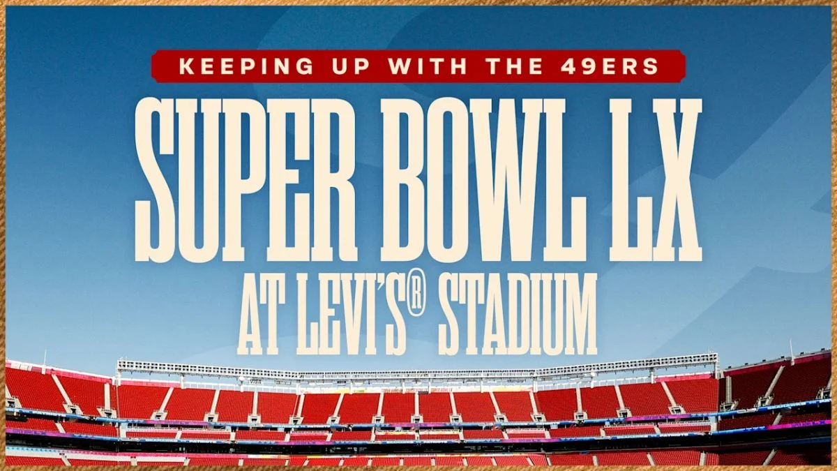 Super Bowl LX official branding at Levi's Stadium for the Patriots vs. Seahawks championship game.