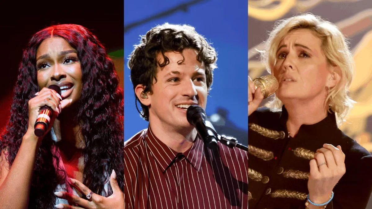 Super Bowl LX pregame performers Coco Jones, Charlie Puth, and Brandi Carlile in a three-panel collage.