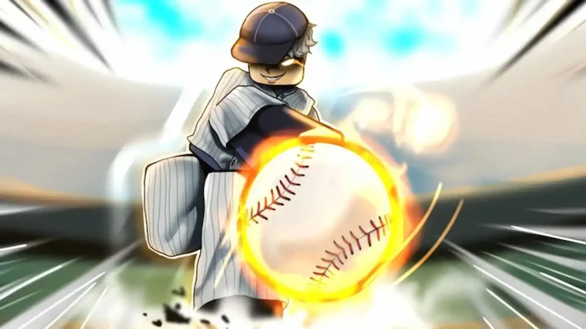 Anime-style Roblox character pitching a flaming baseball in Superstar Baseball.