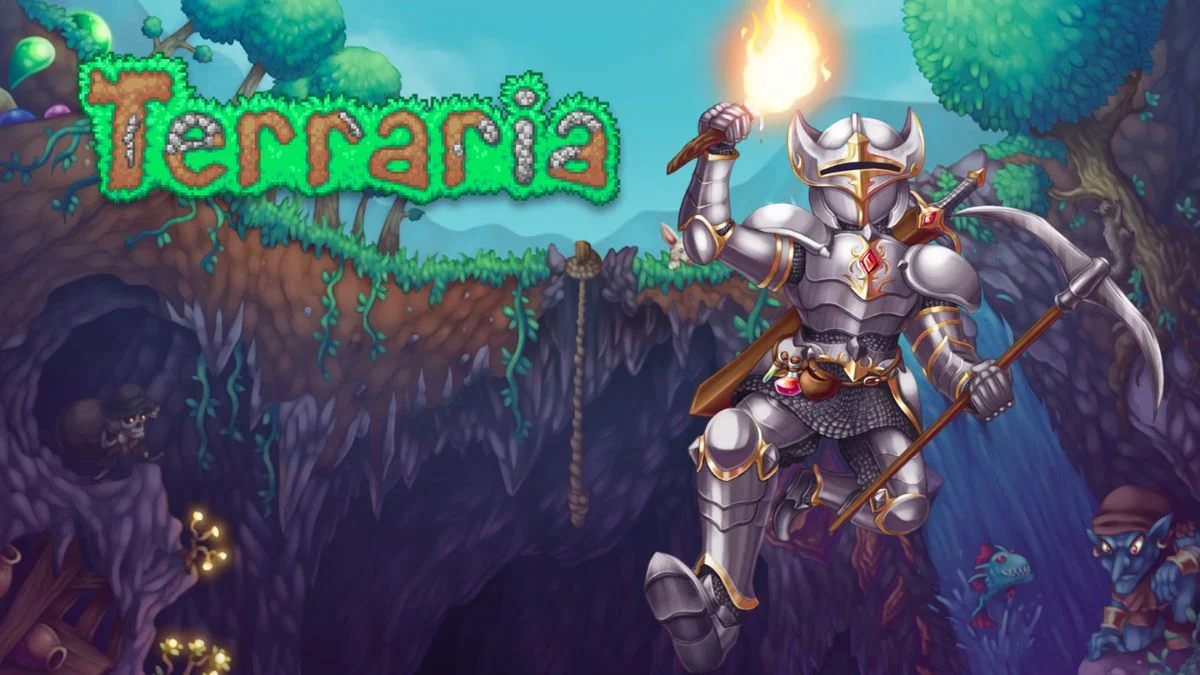 Official Terraria cover art featuring a player character fighting a Face Monster and a Demon Eye in a forest biome.