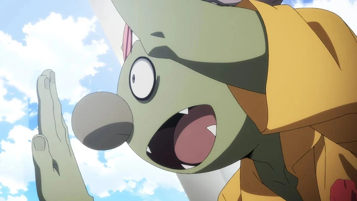 Close-up of Gobta from That Time I Got Reincarnated as a Slime looking shocked and pressed against a window.