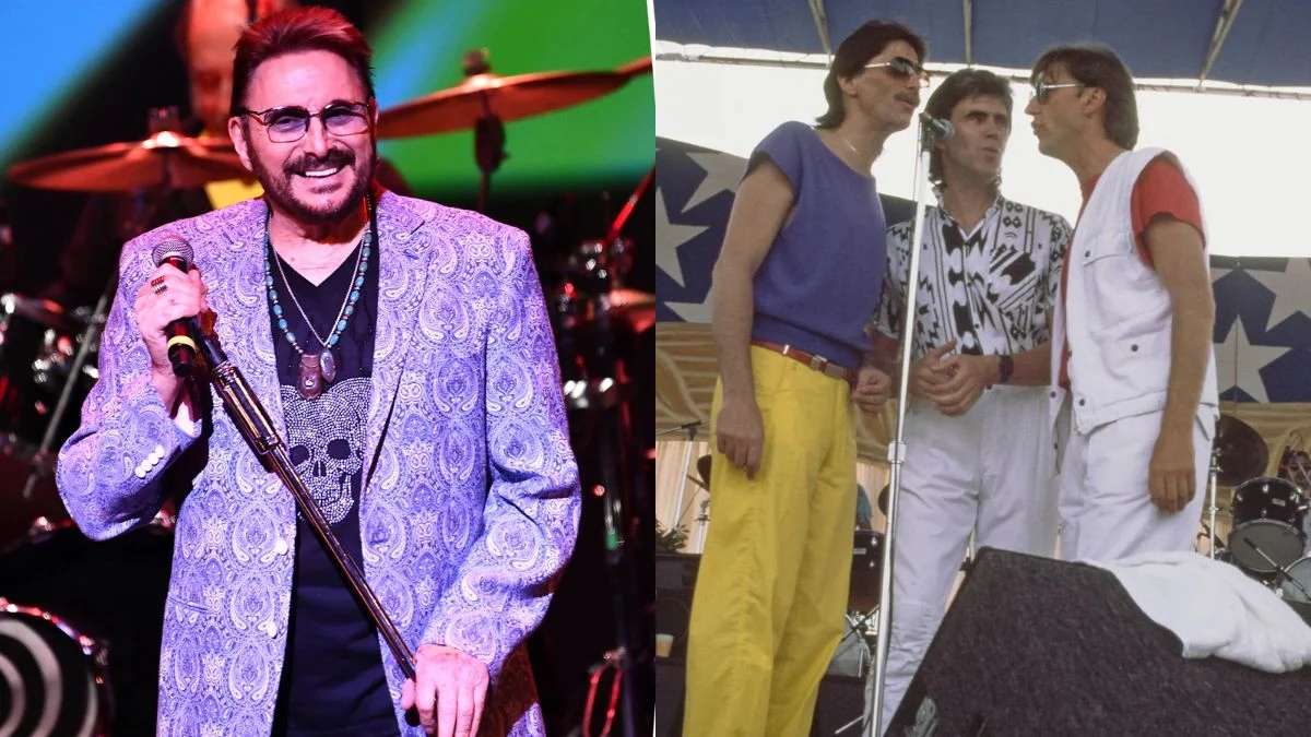 Side-by-side of Chuck Negron performing in recent years and a throwback of Three Dog Night on stage in the 1970s.