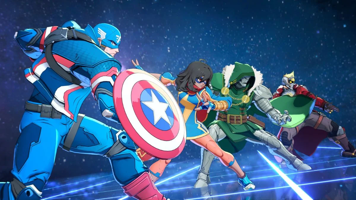 Captain America, Ms. Marvel, and Doctor Doom in a Marvel Tokon Fighting Souls battle.