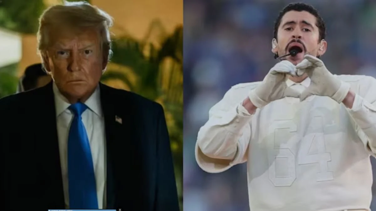 A split-screen image showing a serious Donald Trump in a suit and Bad Bunny performing in his white Ocasio 64 jersey making a heart gesture.