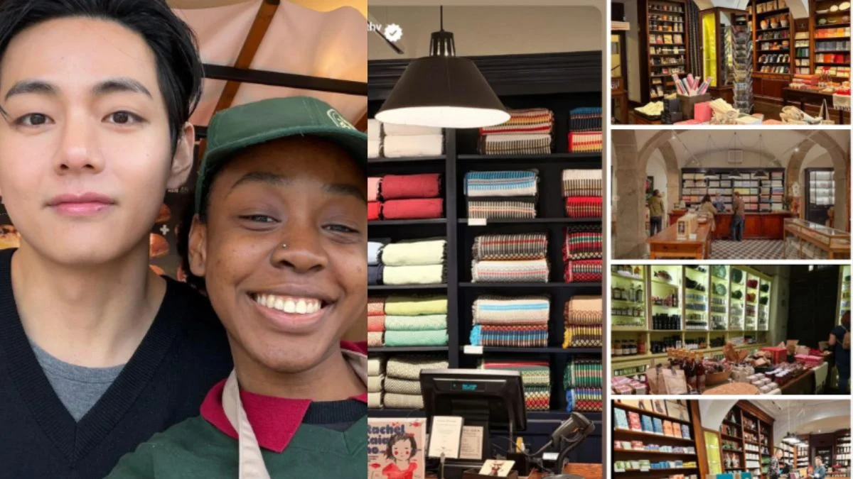 BTS V taking a selfie with a store employee at A Vida Portuguesa in Lisbon, alongside photos of traditional Portuguese blankets and artisan crafts.