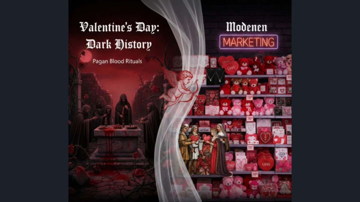 A split graphic showing hooded figures at a bloody altar on one side and a bright retail shelf of teddy bears on the other.