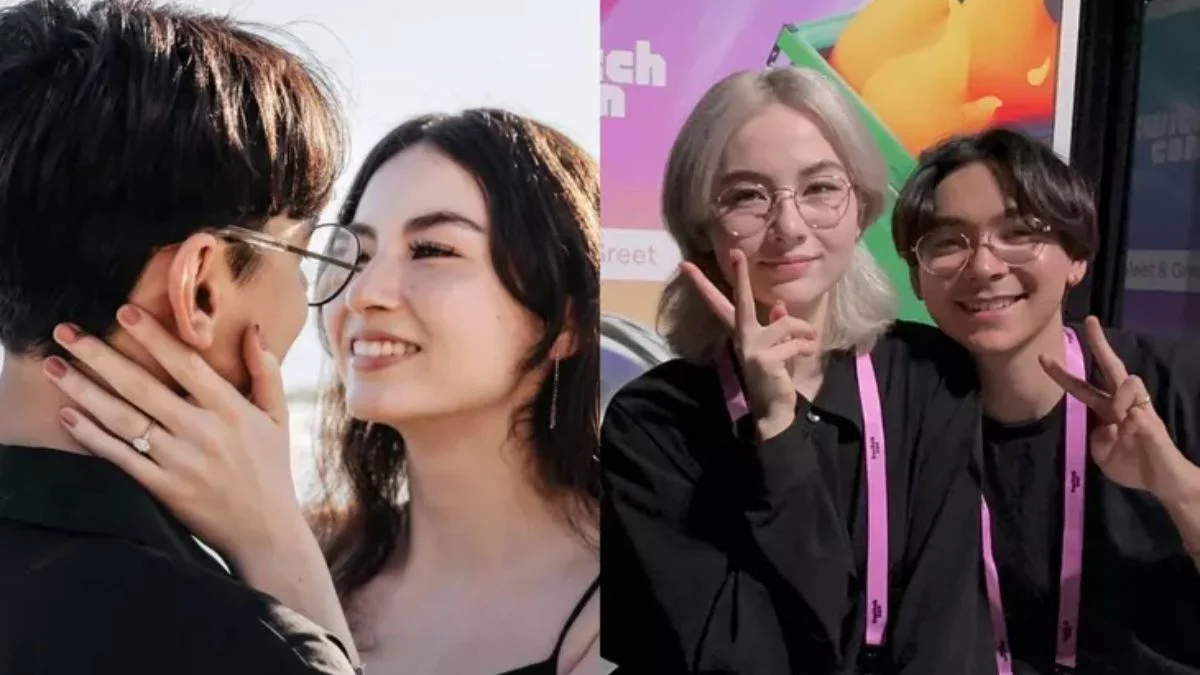 A side-by-side comparison of Kyedae and TenZ, showing a close-up romantic moment on the left and a playful photo at a meet-and-greet on the right.