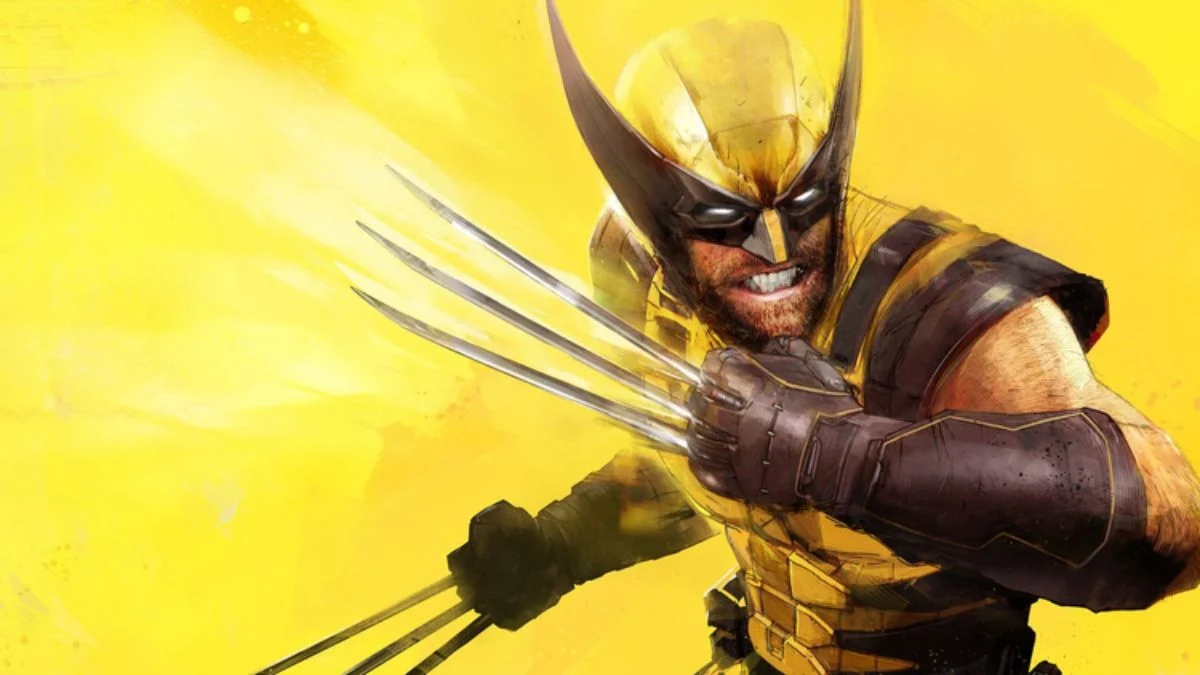 Action-oriented concept art of Wolverine in his yellow and black suit, teeth bared with claws extended against a bright yellow background.