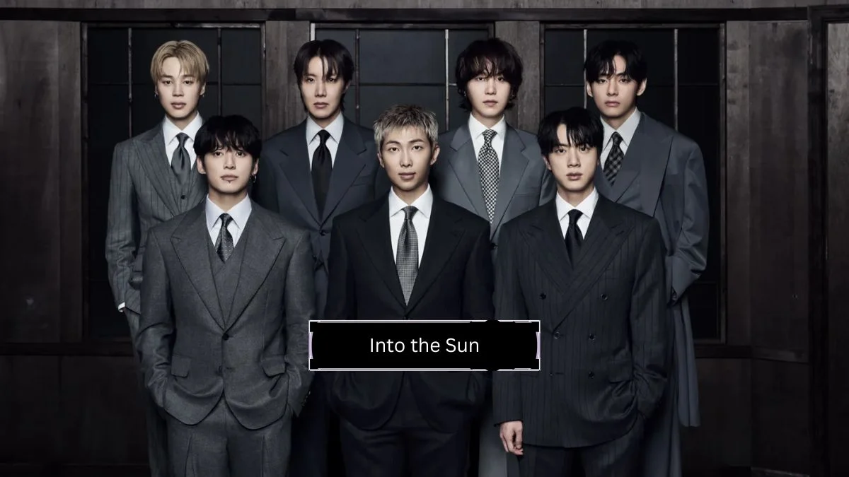 BTS members RM, Jin, SUGA, j-hope, Jimin, V, and Jung Kook in formal suits for their 2026 album ARIRANG with "Into the Sun" text.