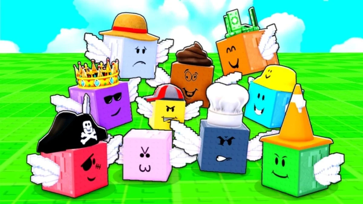 A group of various colorful Lucky Block characters with wings and different hats in Be a Lucky Block.