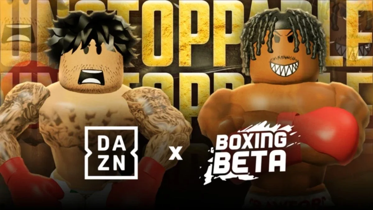 Boxing Beta promotional art featuring two Roblox boxers and a DAZN collaboration logo.