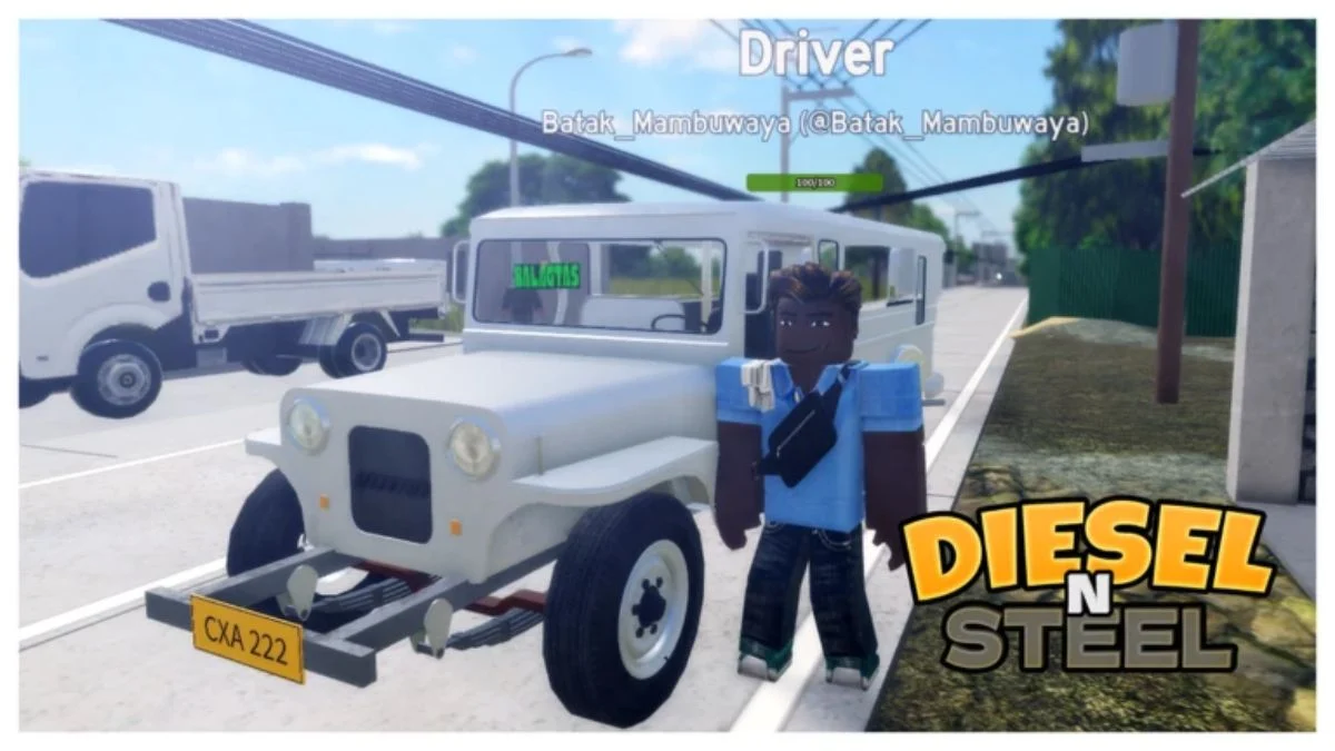 A white Jeepney and a Roblox avatar in the game Diesel n' Steel.