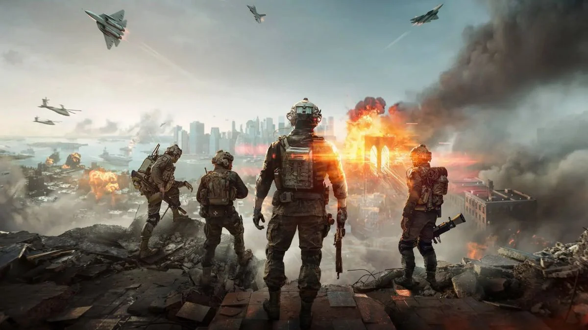 Four Battlefield 6 soldiers standing on a cliff overlooking a war-torn city with explosions and fighter jets in the sky.