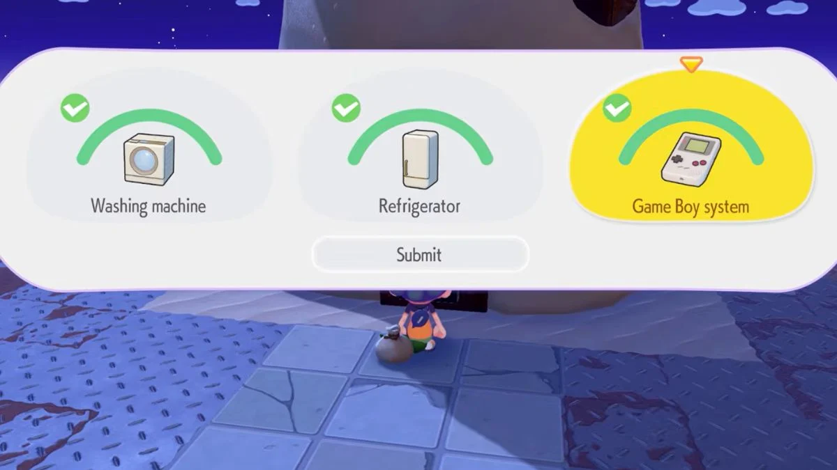 Menu screen showing all three items—Washing Machine, Refrigerator, and Game Boy System—checked off.
