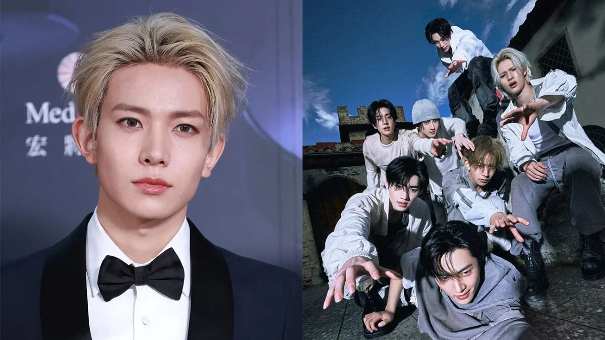 A split image showing Lee Heeseung in a tuxedo on the left and the original seven members of ENHYPEN posing for a concept photo on the right.