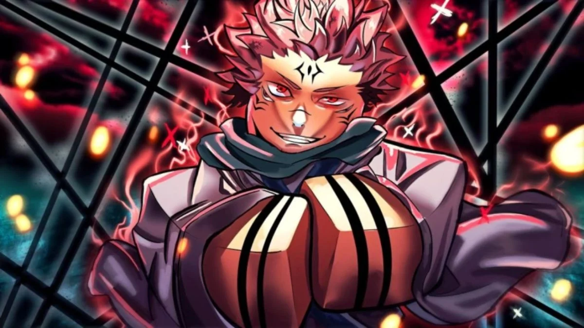 Vibrant anime-style character artwork for Roblox Kaizen featuring a sorcerer with pink hair and red eyes inspired by Sukuna.