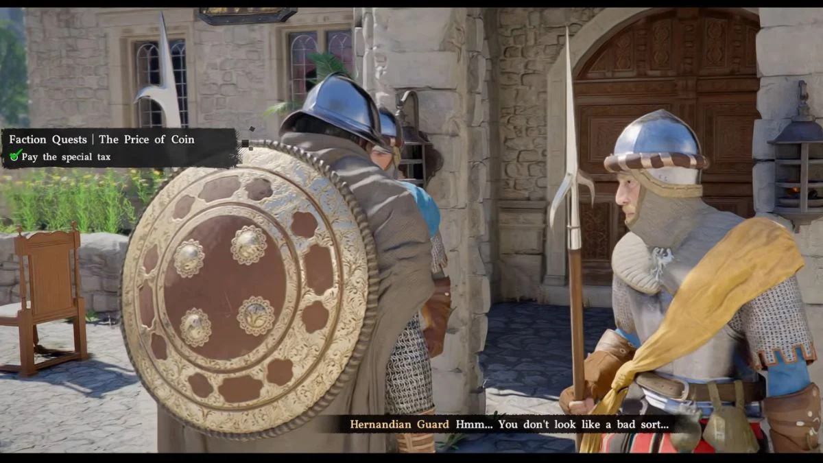 A Hernandian Guard standing at the bank entrance in Crimson Desert with a dialogue prompt to pay tax.