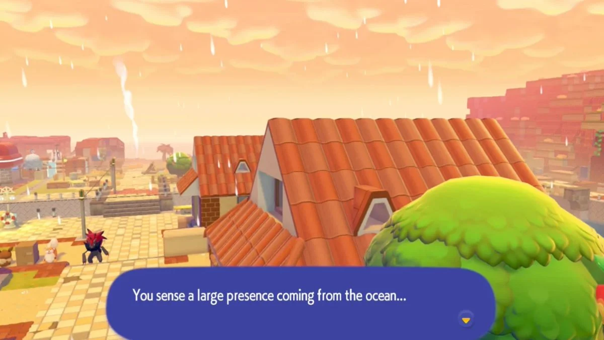 A screenshot of Pokémon Pokopia showing a blue text box that reads "You sense a large presence coming from the ocean" over a village coastal view.