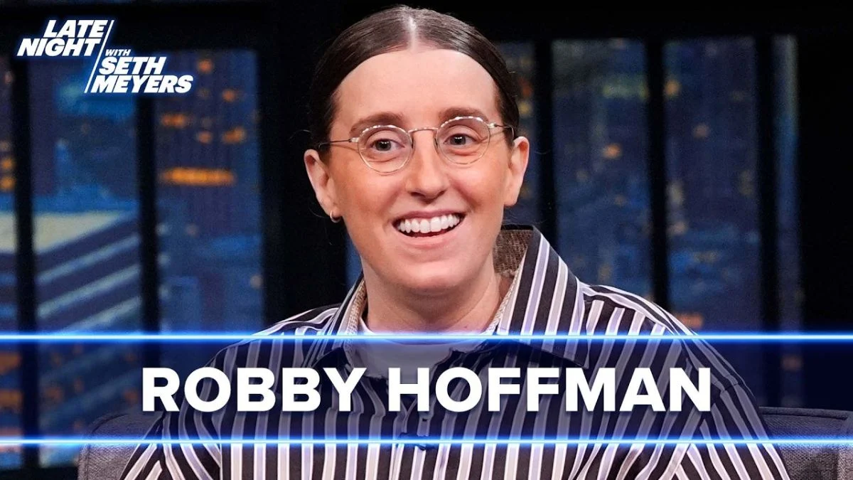 Close-up of Robby Hoffman during her appearance on Late Night with Seth Meyers in March 2026.