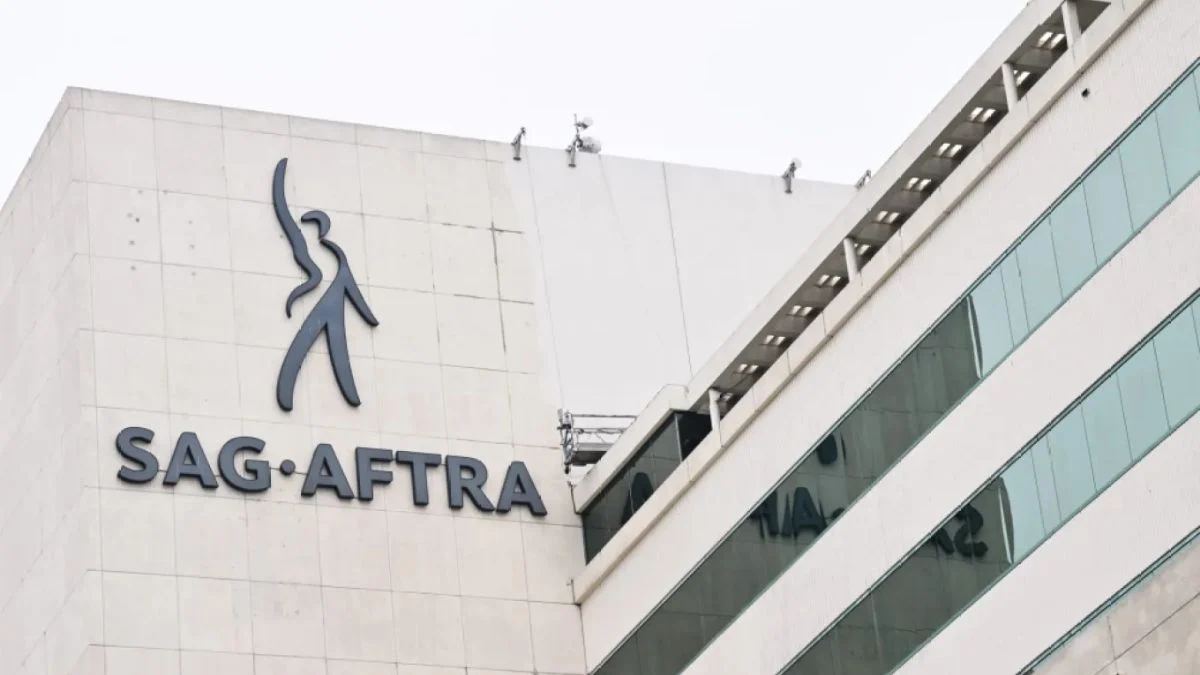 The exterior of the SAG-AFTRA headquarters building featuring the official union logo and name.