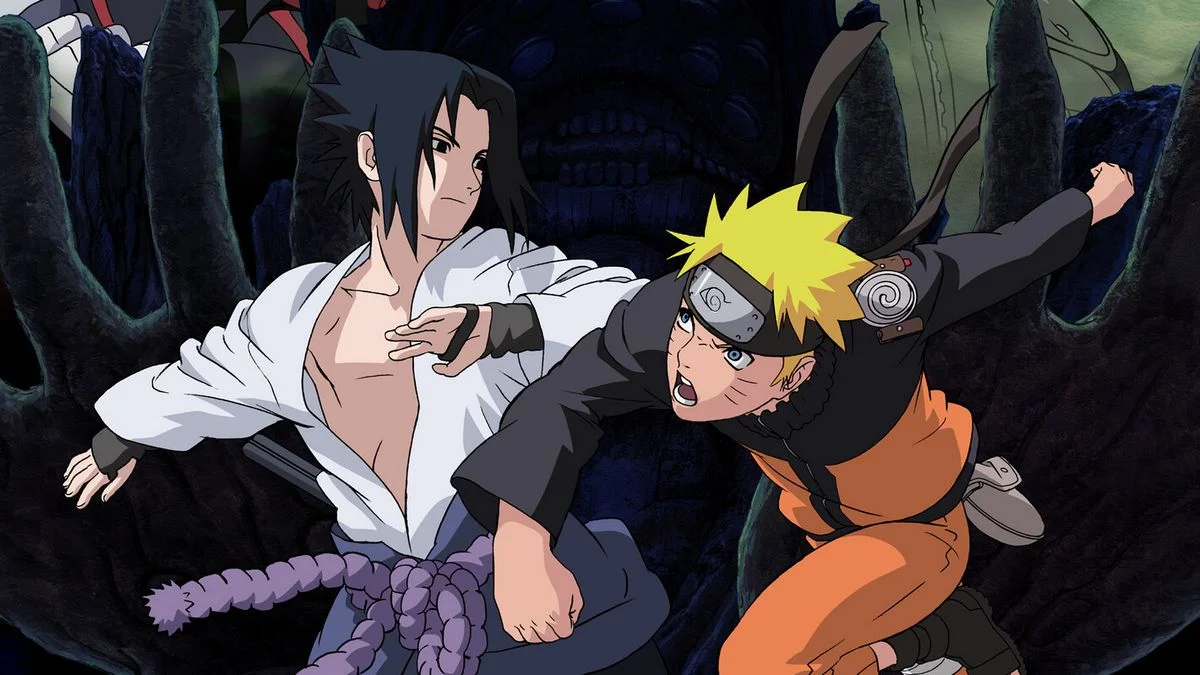 Naruto Uzumaki and Sasuke Uchiha fighting in a high-stakes ninja battle from the Naruto Shippuden anime series.