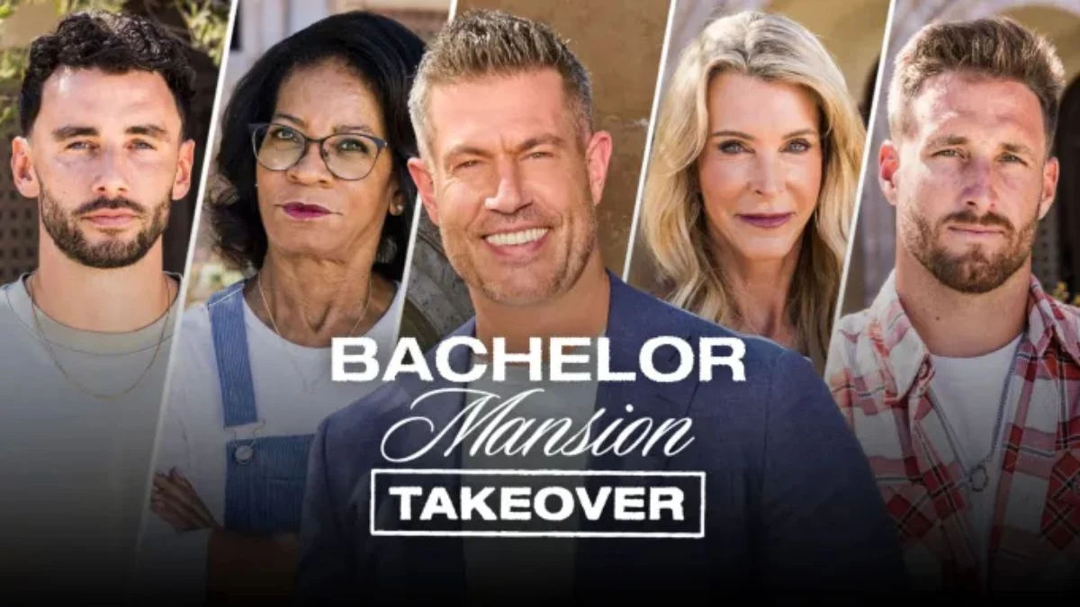 Cast of Bachelor Mansion Takeover on HGTV including Jesse Palmer, Joan Vassos, Tammy Kay Ly, and Tyler Cameron.